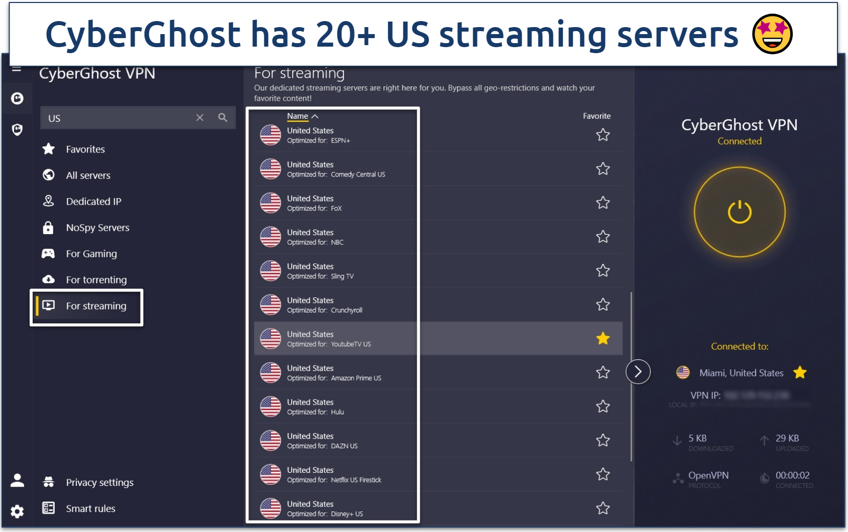 Screenshot of the CyberGhost VPN app with it's US streaming optimized servers for MLB highlighted.