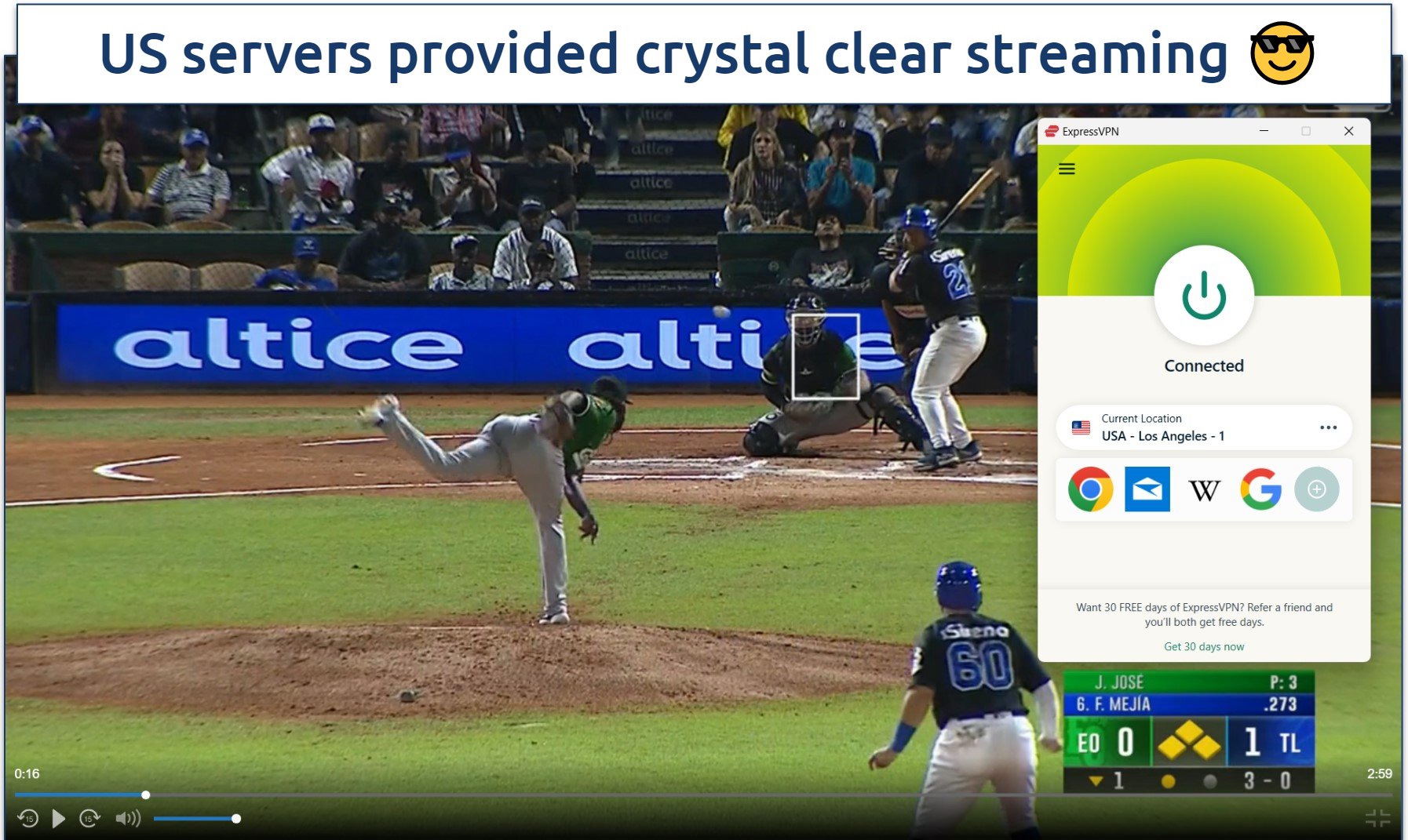 Screenshot of streaming MLB preseason shows on MLB.TV while connected to ExpressVPN's Los Angeles server.