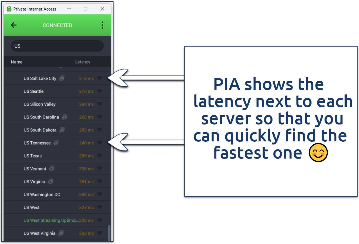 Screenshot of PIA's app dashboard with its list of US servers displaying their latency scores.