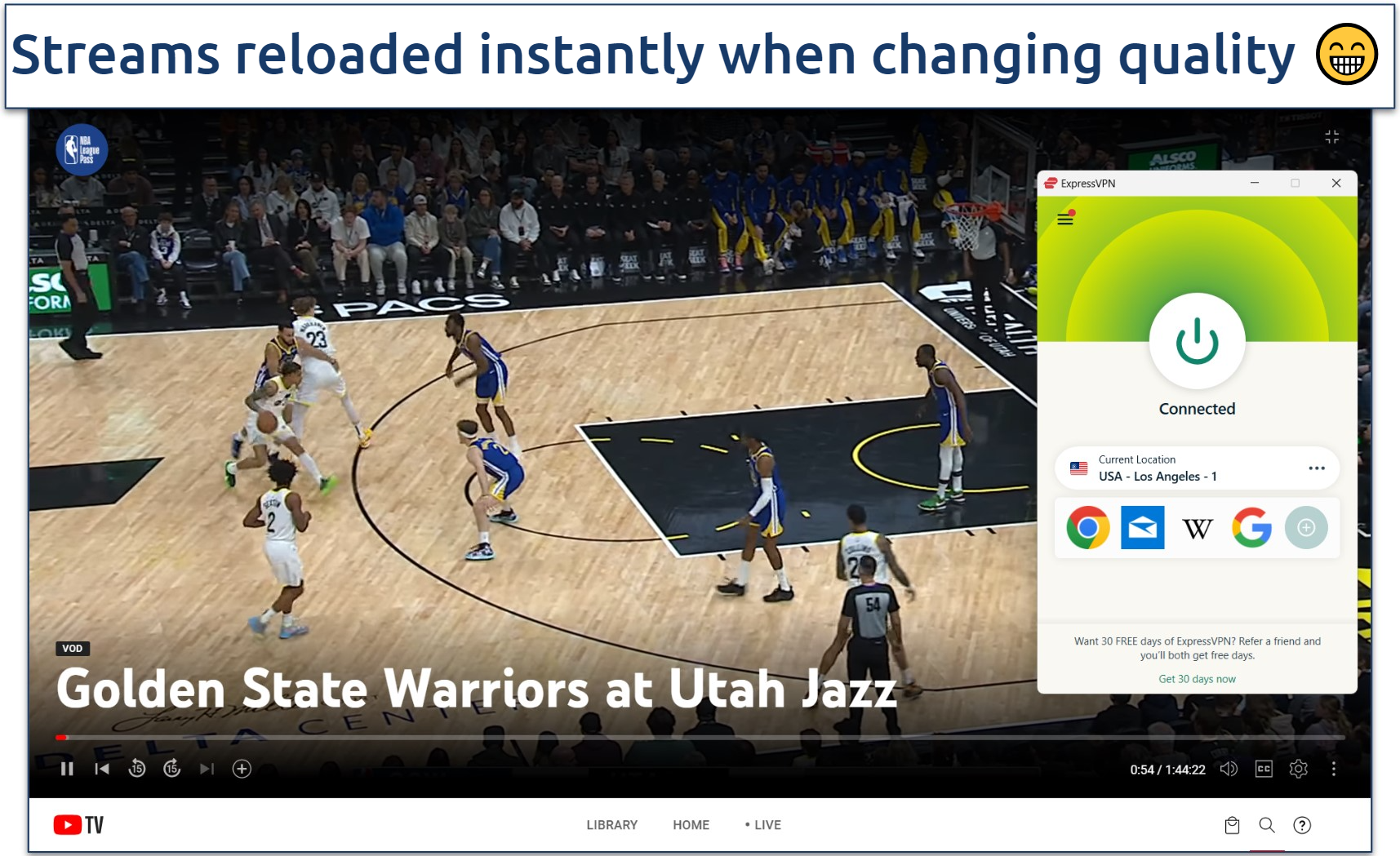 A screenshot of streaming Golden State Warrios vs Utah Jazz in 1080p on YouTube TV while connected to ExpressVPN's Los Angeles server.