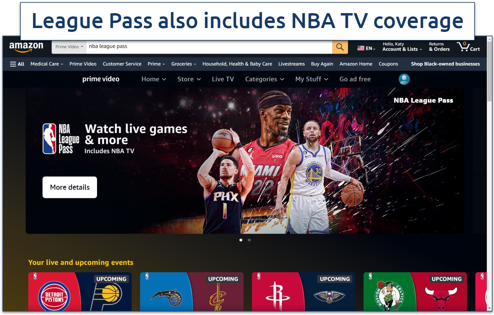 A screenshot of the NBA League Pass channel on Amazon Prime video.