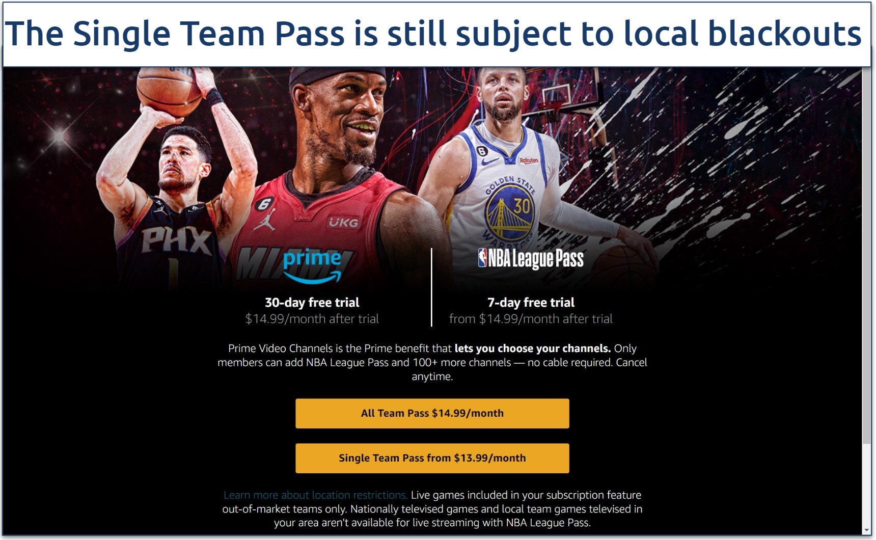 A screenshot of the NBA League Pass plan options on Amazon Prime Video.