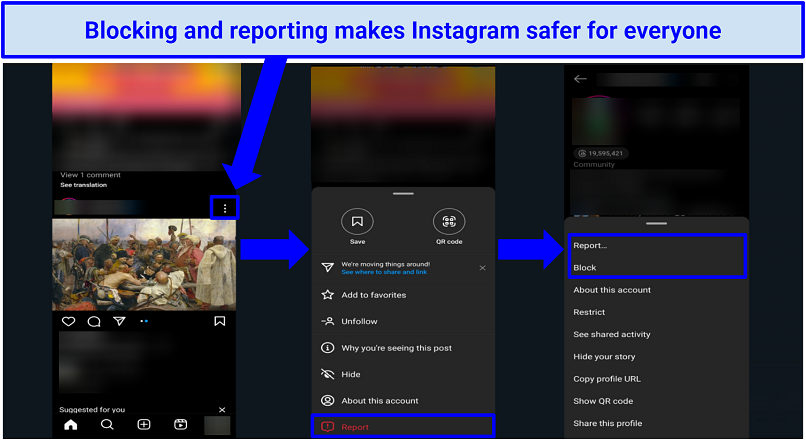Screenshots of Instagram blocking and reporting