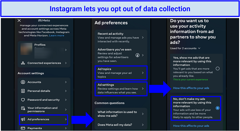 Screenshots of Instagram data collection & ads setings