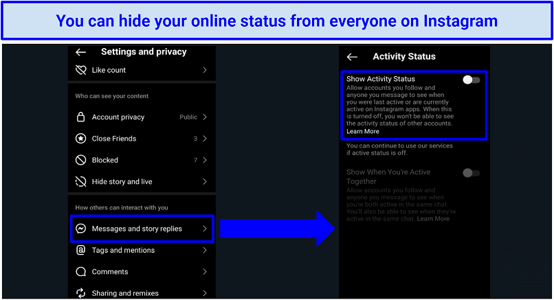 Images of how to hide activity status on Instagram