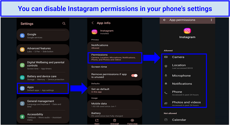 Screenshots of Android permission settings for Instagram