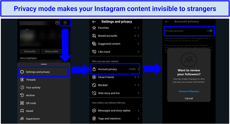 Screenshot showing how to enable Privacy on Instagram