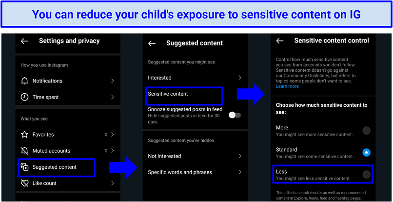 Screenshots of reducing sensitive context recommendations on IG