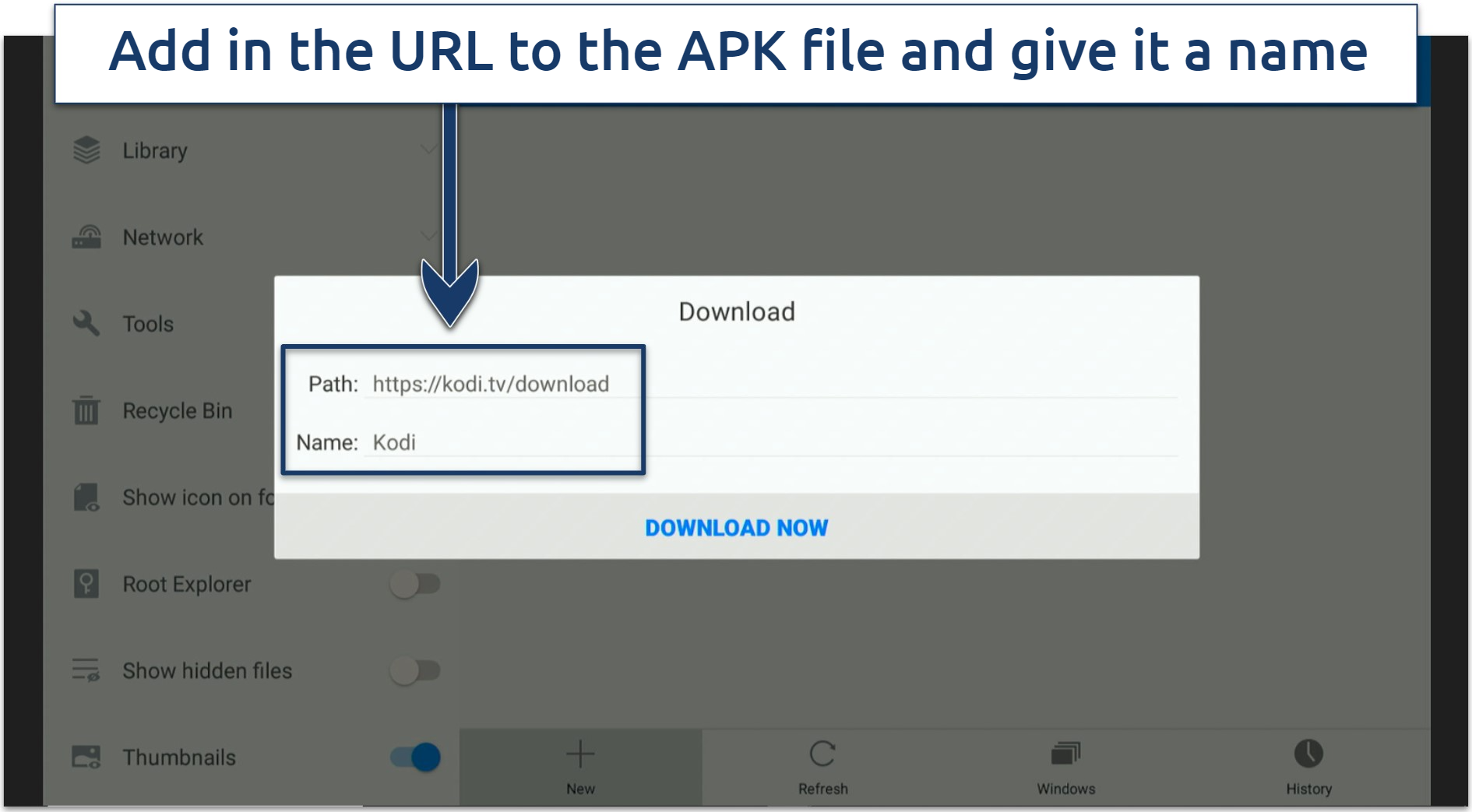 A screenshot showing how to add the URL of an APK file and give it a name in Firestick.
