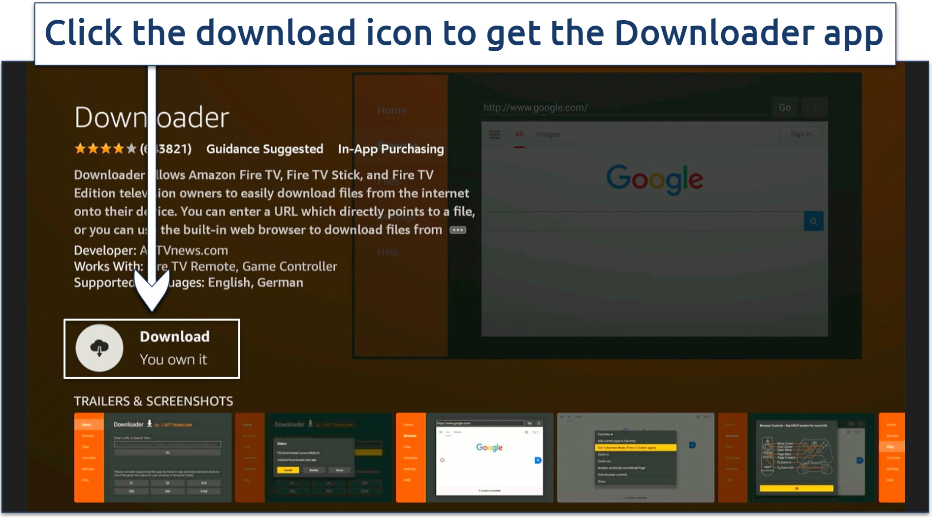 A screenshot showing how to download the Downloader app from Amazon Appstore