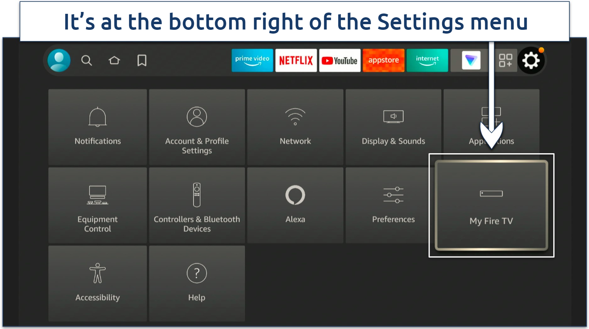 A screenshot showing the gear icon on Firestick's home screen