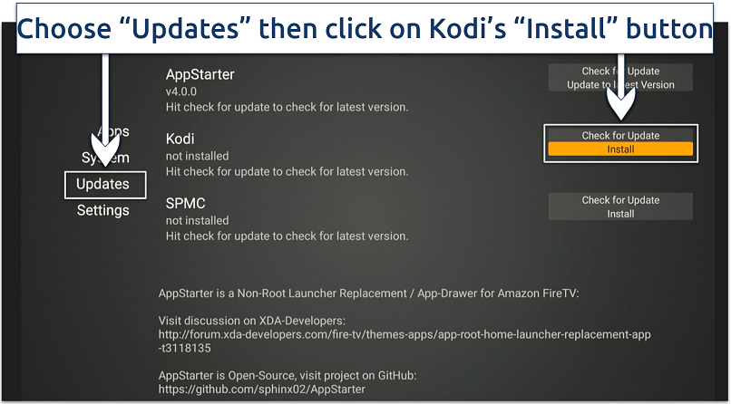 A screenshot showing AppStarter makes Kodi installation on Firestick a breeze