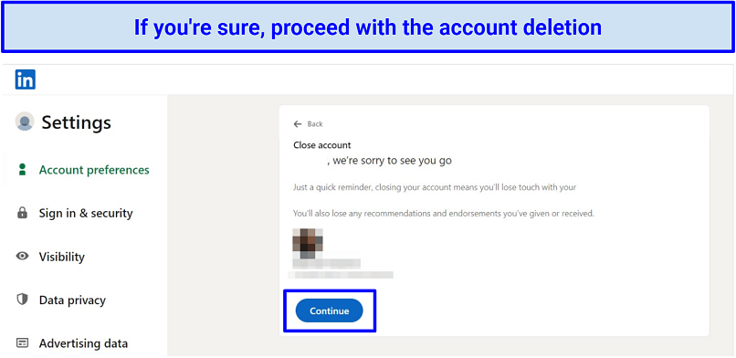 Screenshot of LinkedIn account data deletion warning