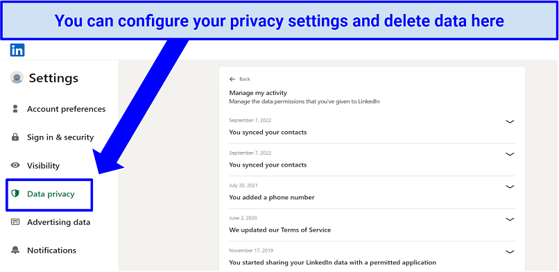 Picture of LinkedIn data privacy section