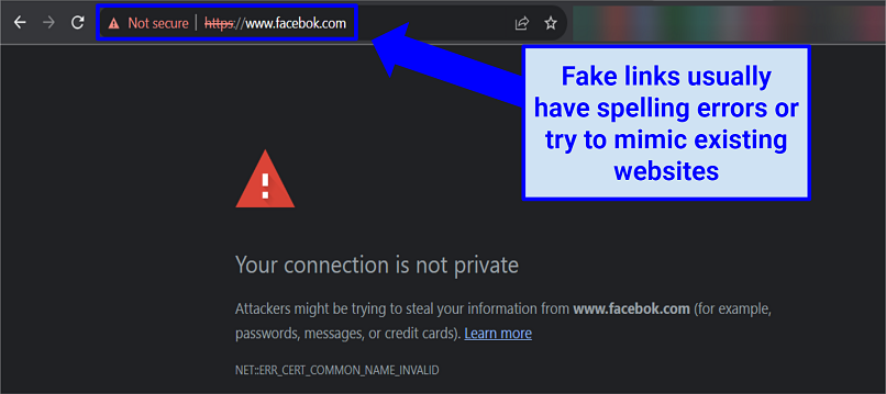 Screenshot of fake link for Facebook