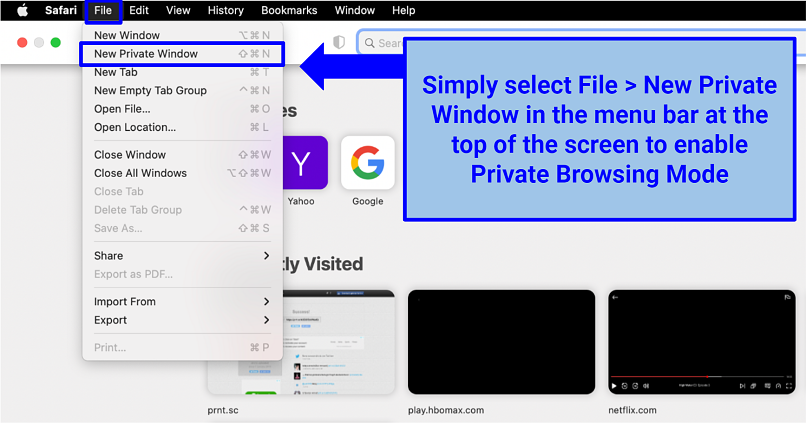 Screenshot of enabling Private Browsing Mode on Safari (MacBook)