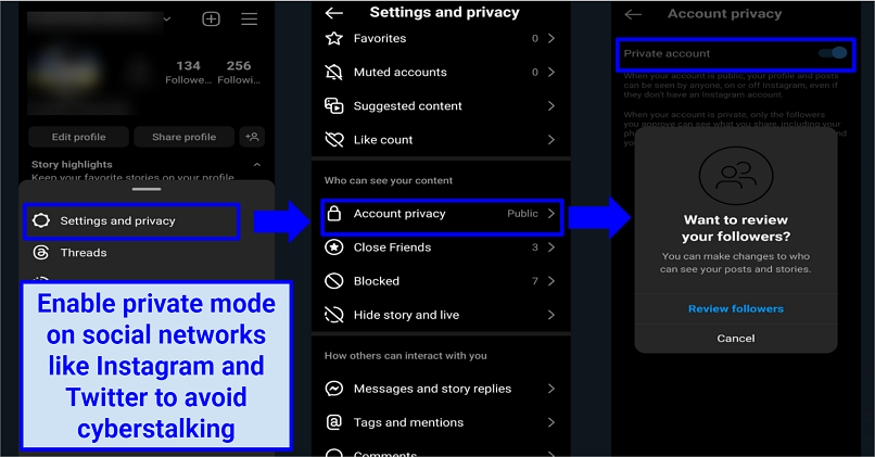 Screenshot of Instagram privacy mode settings