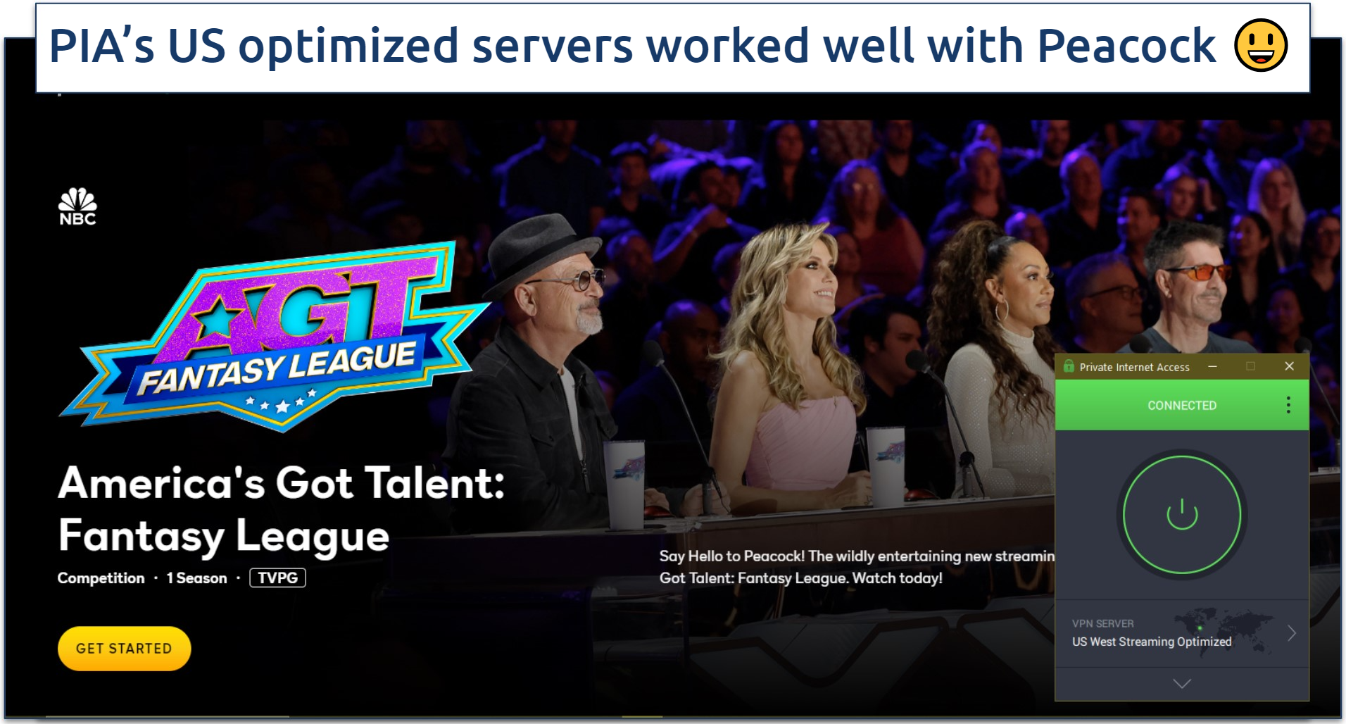 Screenshot showing AGT: Fantasy League on Peacock with Private Internet Access connected to its US West Streaming Optimized Server
