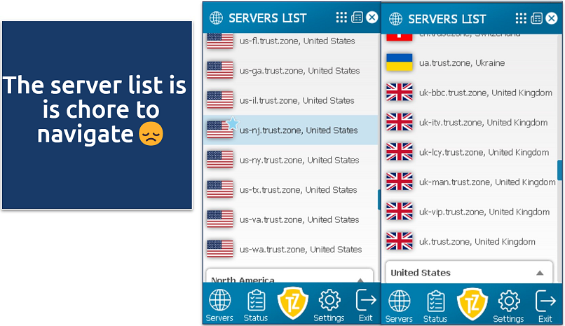 Screenshot of Trust.Zone's Windows app highlighting the server list