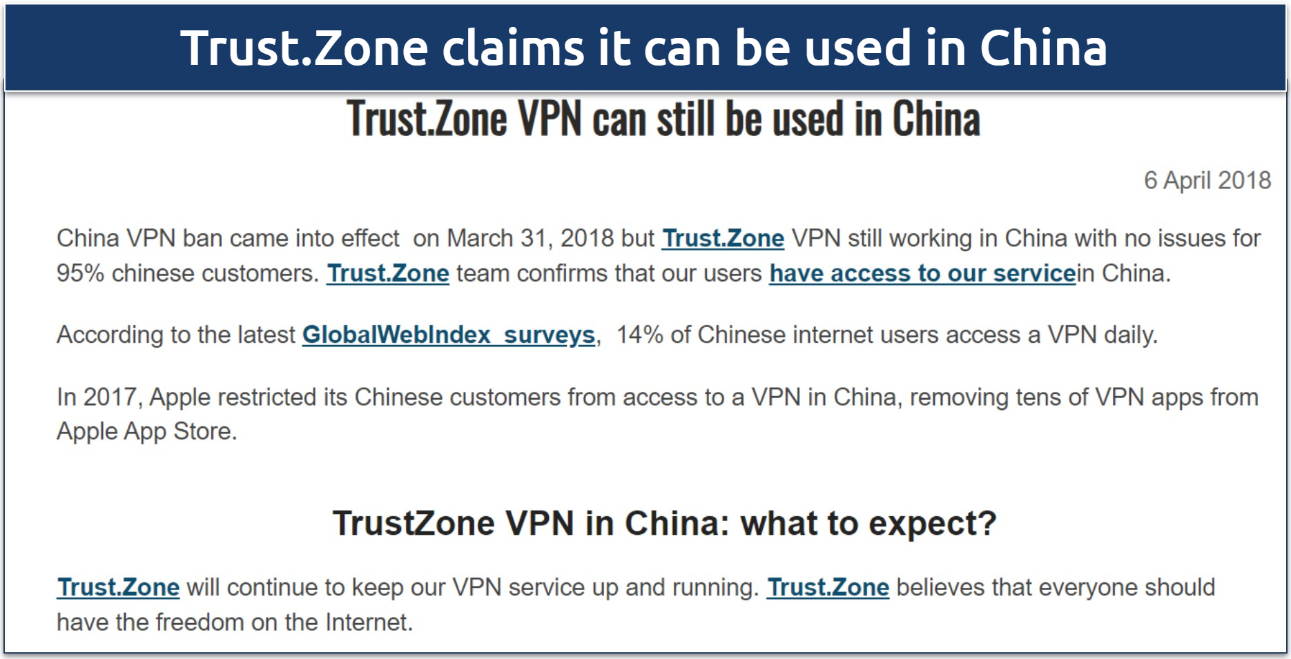 Screnshot of a page on Trust.Zone's site where it claims it can still be used in China 