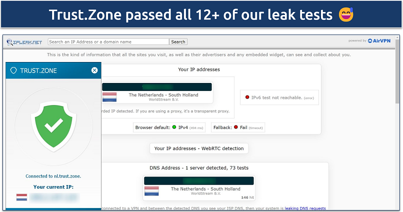 Screenshot of a leak test done on Ipleak.net while connected to Trust.Zone's Netherlands server