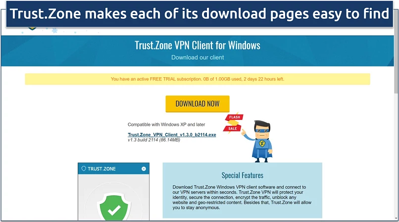 Screenshot of the Trust.Zone's download page for the Windows .exe file