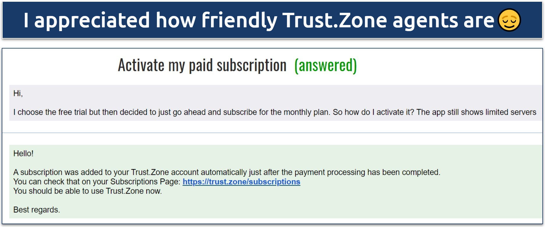 Screenshot of an email conversation with Trust.Zone support where they helped me activate my account 