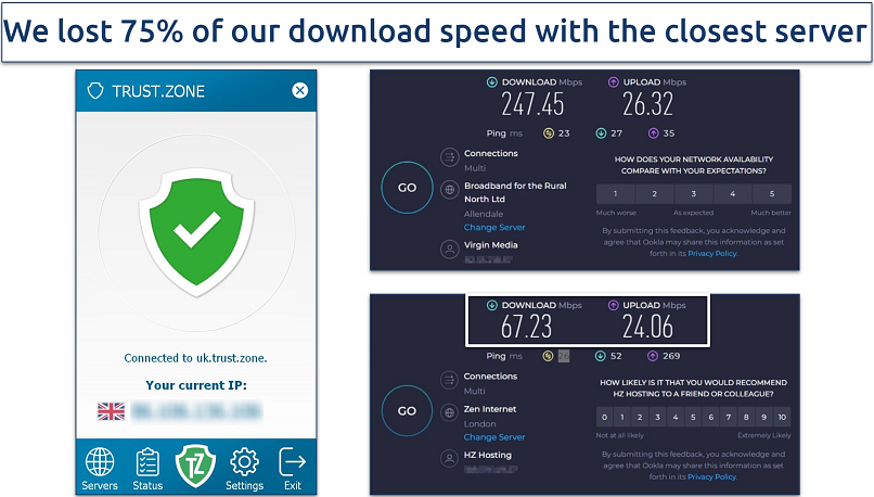 Screenshot of Ookla speed tests done with the VPN connected to the UK location and with no VPN connection