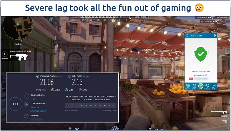 Screenshot of Counter Strike 2 being played while connected to Trust.Zone's Turkey server 