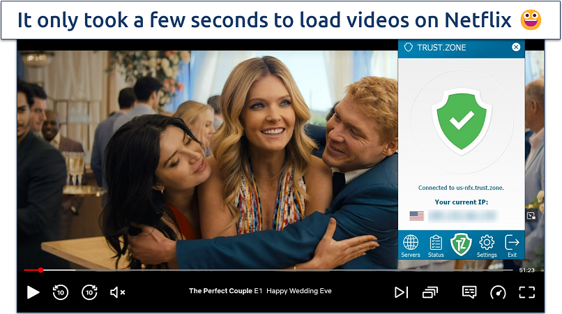 Screenshot of Netflix player streaming The Perfect Couple while connected to Trust.Zone's US Netflix server