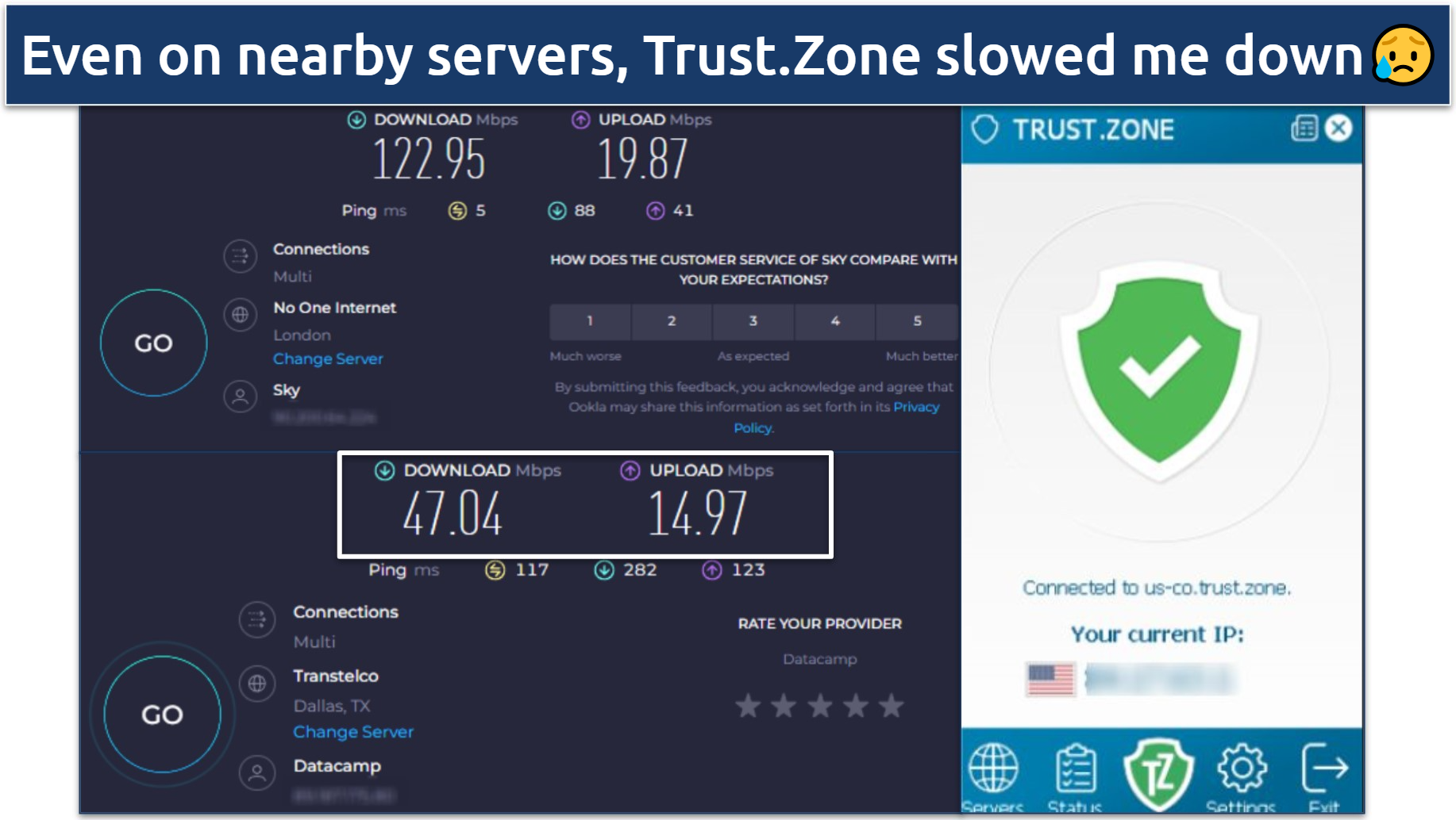Screenshot of Ookla speed tests done with Trust.Zone connected and disconnected