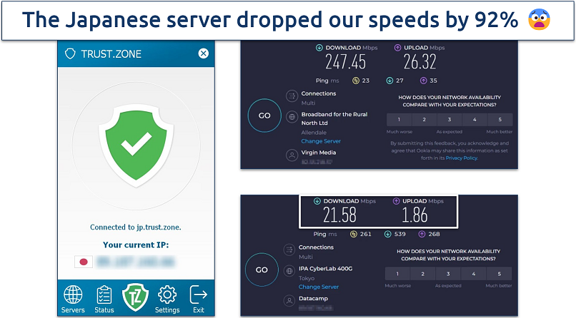 Screenshot of Ookla speed tests done while connected to Trust.Zone's Japan server and with no VPN connection