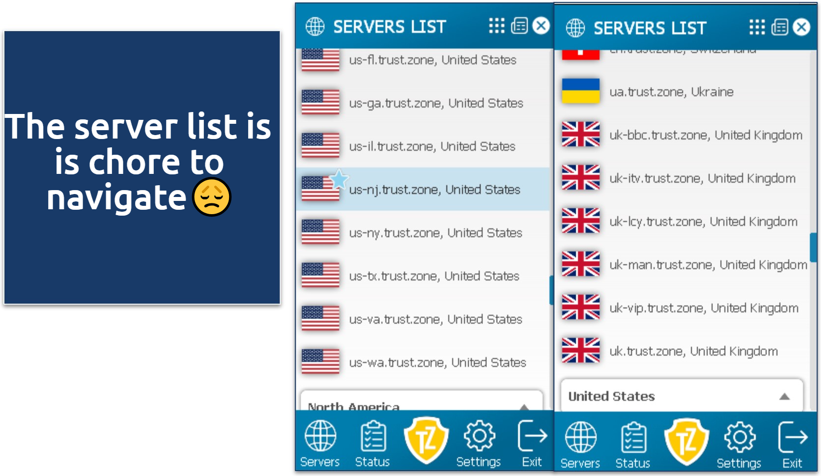 Screenshot of Trust.Zone's Windows app highlighting the server list