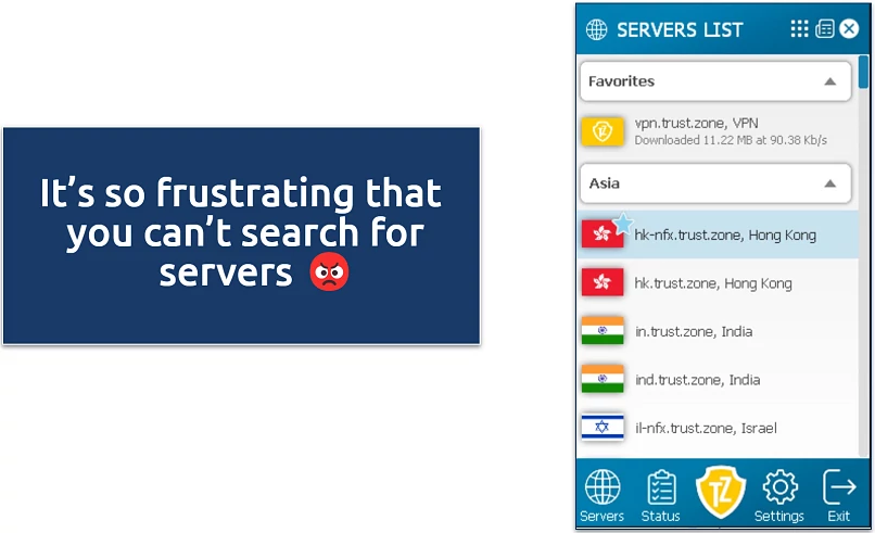 Screenshot of Trust.Zone's Windows app displaying its server list