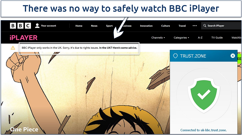 Screenshot of an error message displayed on the BBC iPlayer site while connected to Trust.Zone's UK BBC server
