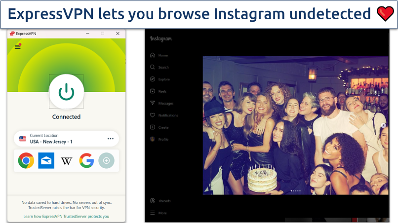 A screenshot of Instagram being unblocked at school with ExpressVPN connected