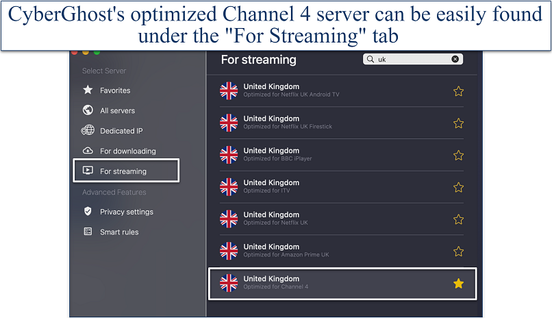 A screenshot of CyberGhost streaming-optimized servers