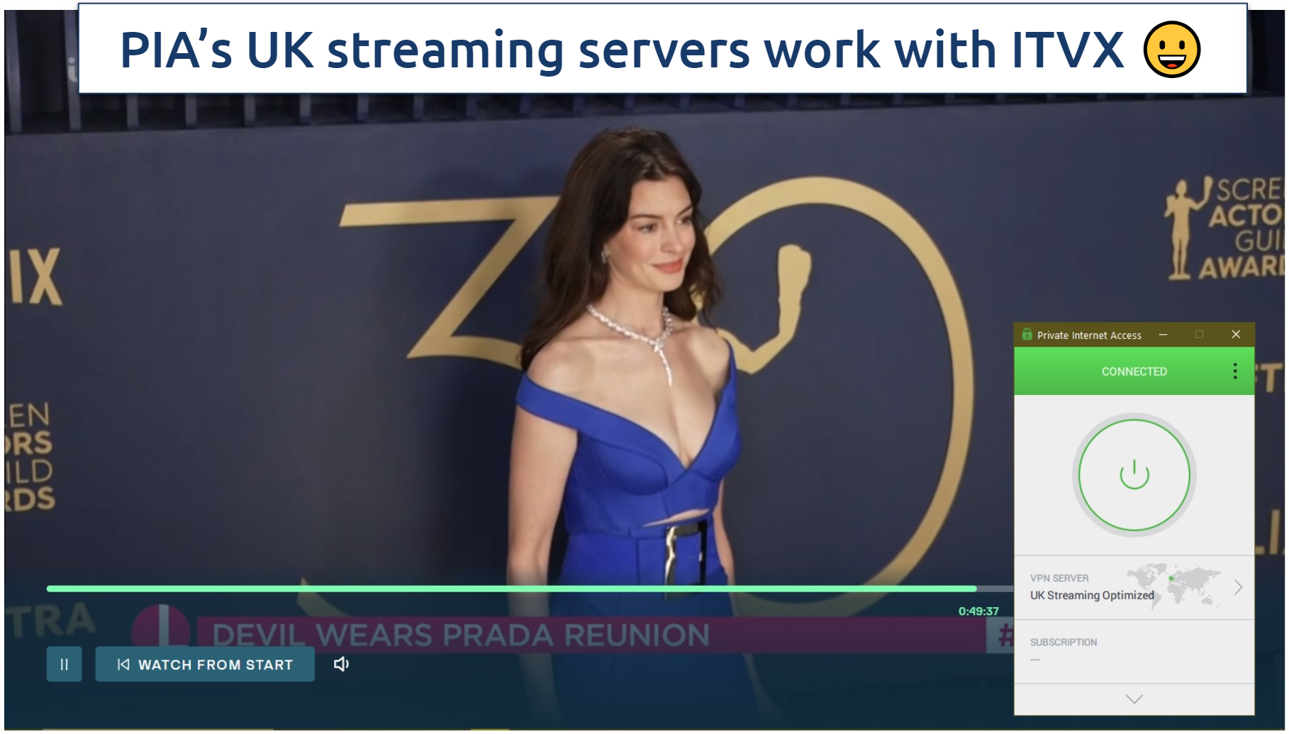 The Oscars Live channel on ITVX with PIA connected to a streaming-optimized server in the UK