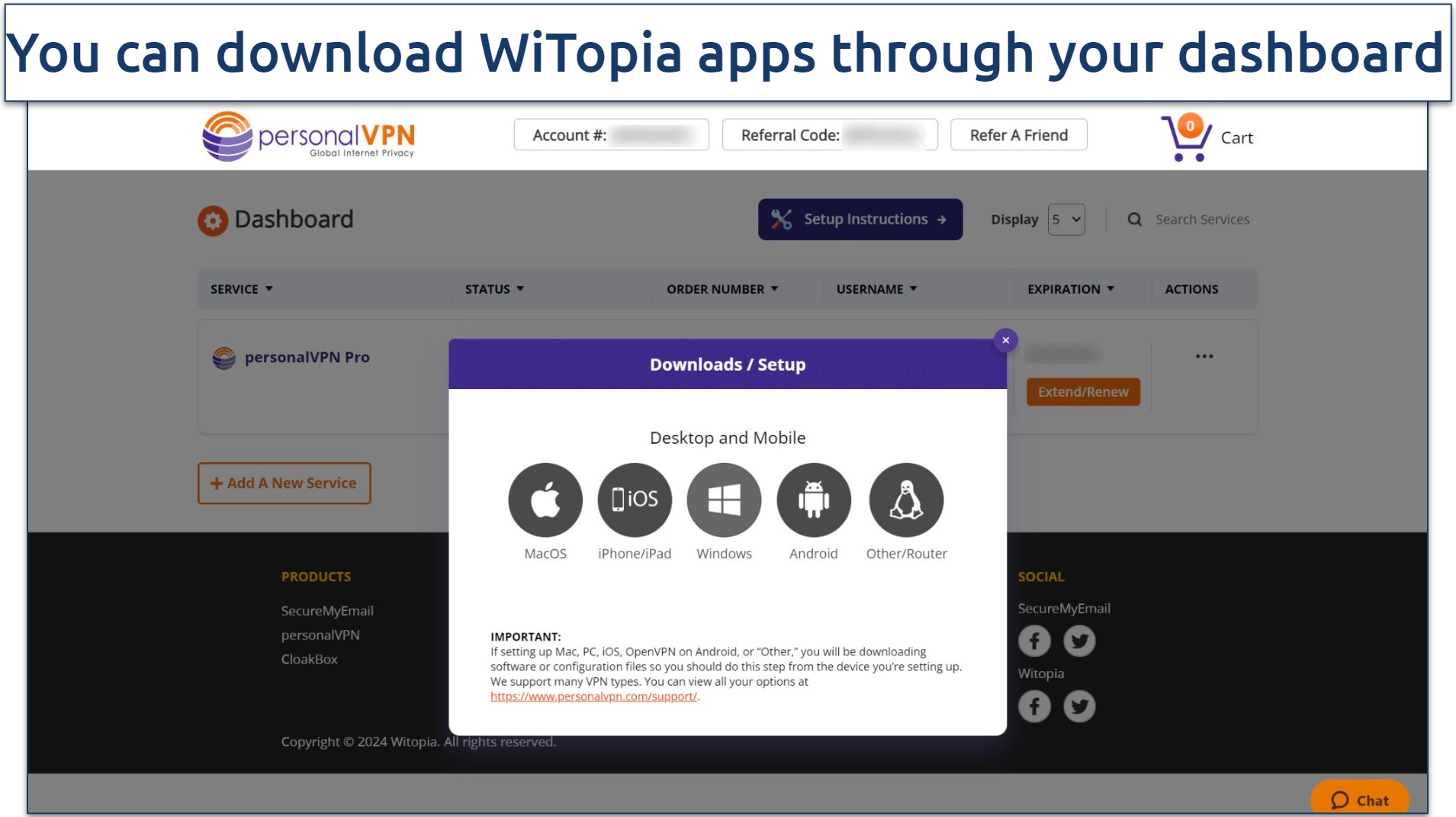 Screenshot of WiTopia's download page which is found through its online dashboard 