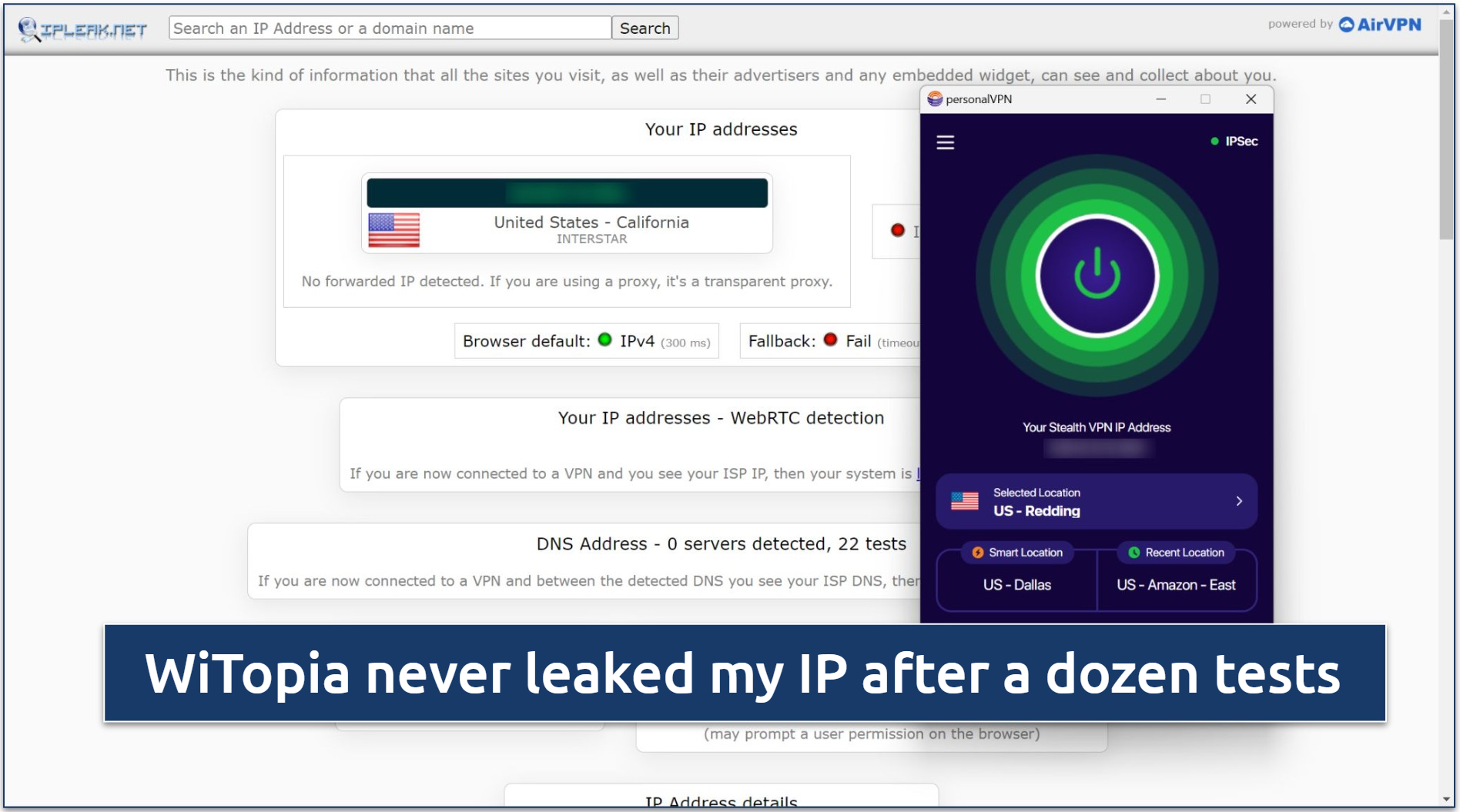 Screenshot of a successful leak test performed on ipleak.net while connected to WiTopia's US Redding server