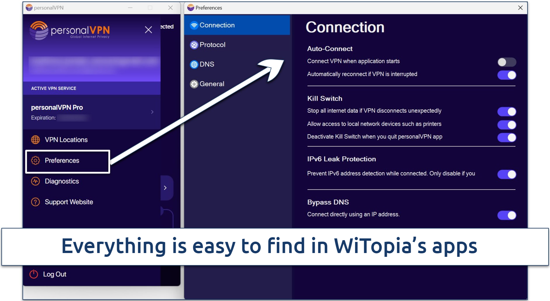 Screenshot of WiTopia's UI on Windows highlighting where to find its settings