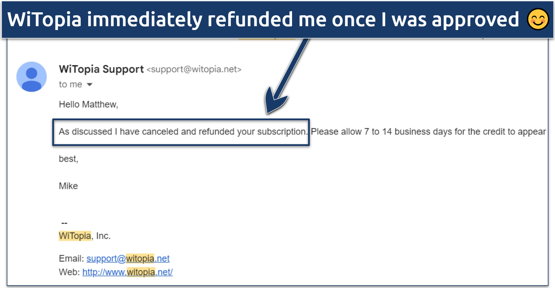 Screenshot of an email from WiTopia support letting me know my cancellation and refund were approved 