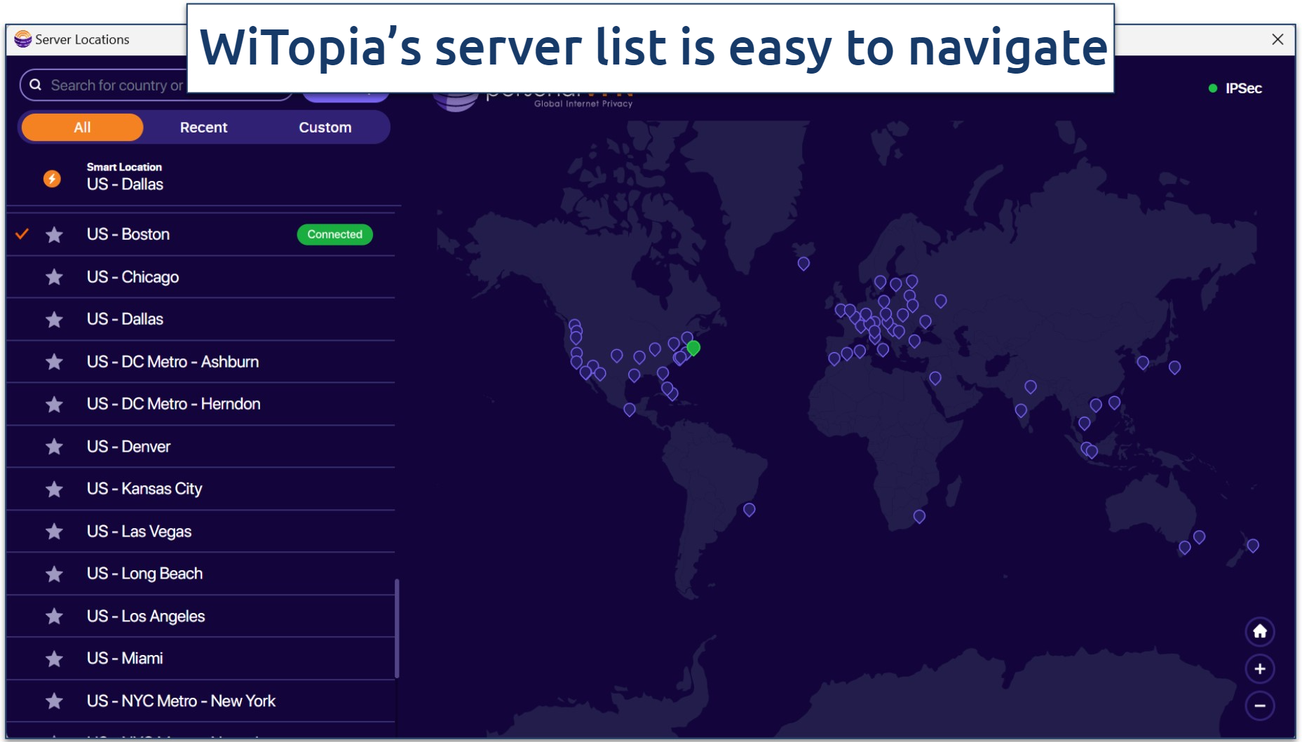 Screenshot of the WiTopia's server list highlighting the map screen and server list on the Windows app