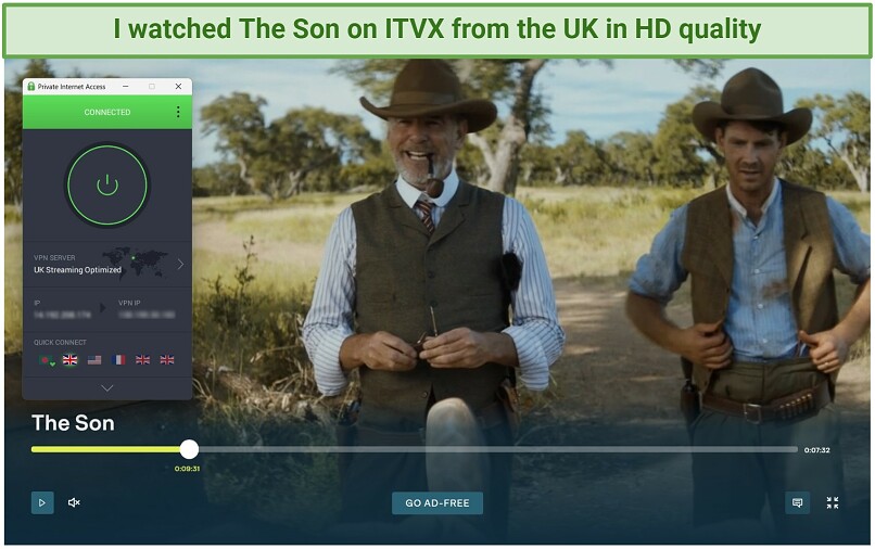 A screenshot of streaming The Son on ITVX while connected to PIA's UK Streaming Optimized server.
