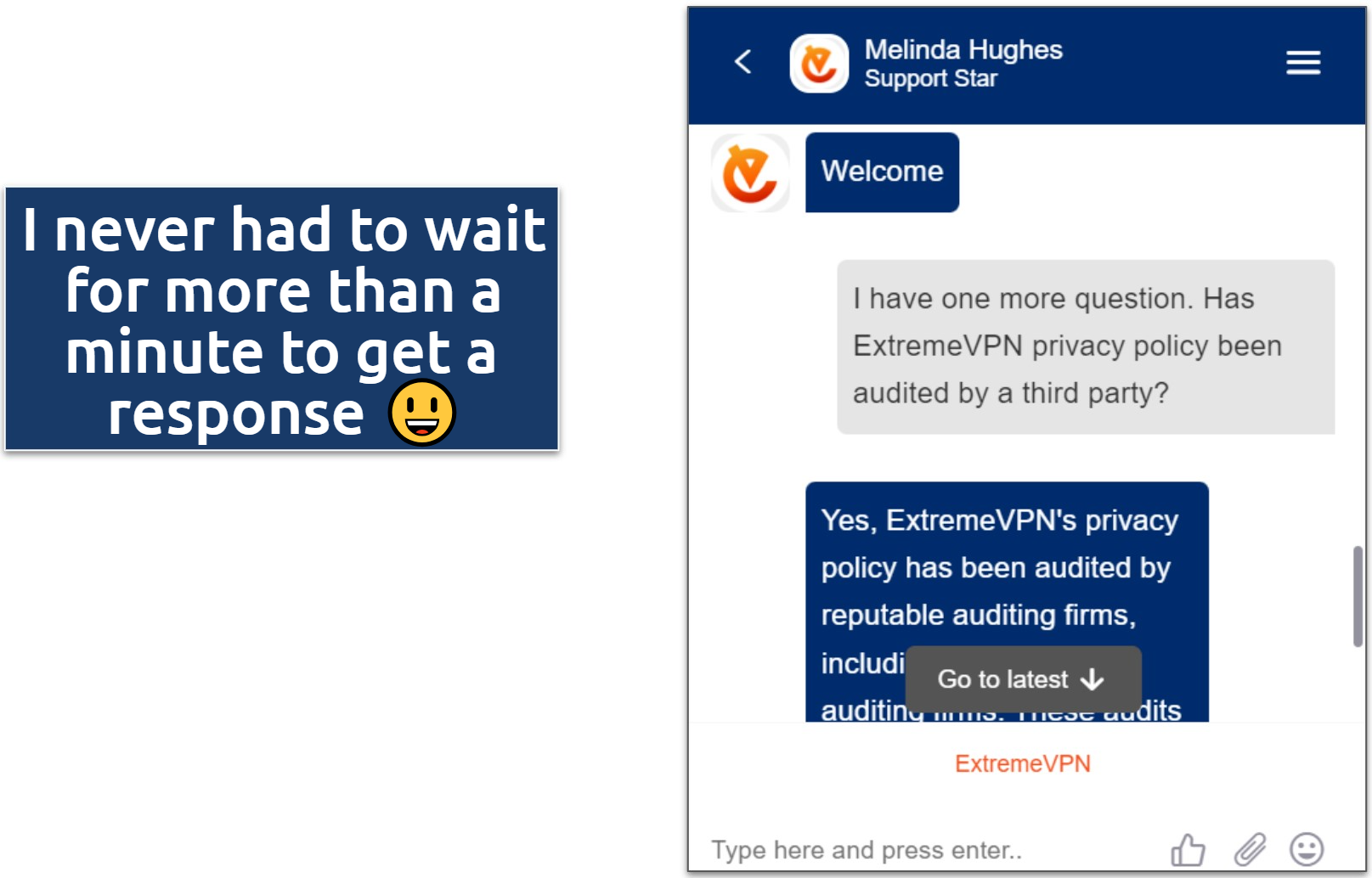 Screenshot of an chat support conversation with ExtremeVPN agent