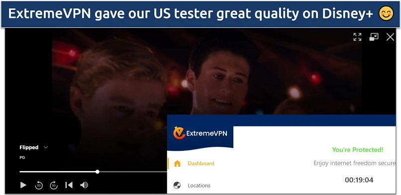 Screenshot of Disney+ player streaming Flipped while connected to an ExtremeVPN US server