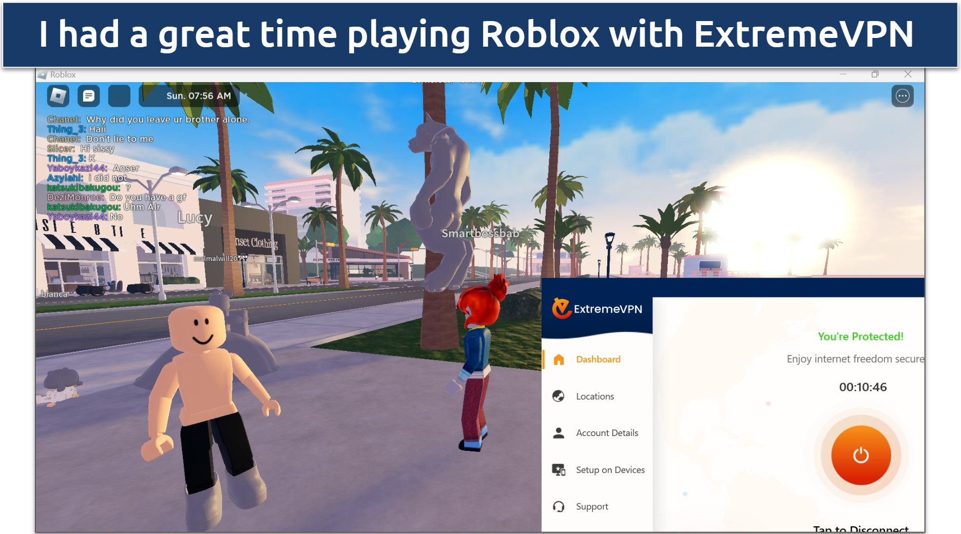 Screenshot of Roblox being played while connected to ExtremeVPN South Africa server
