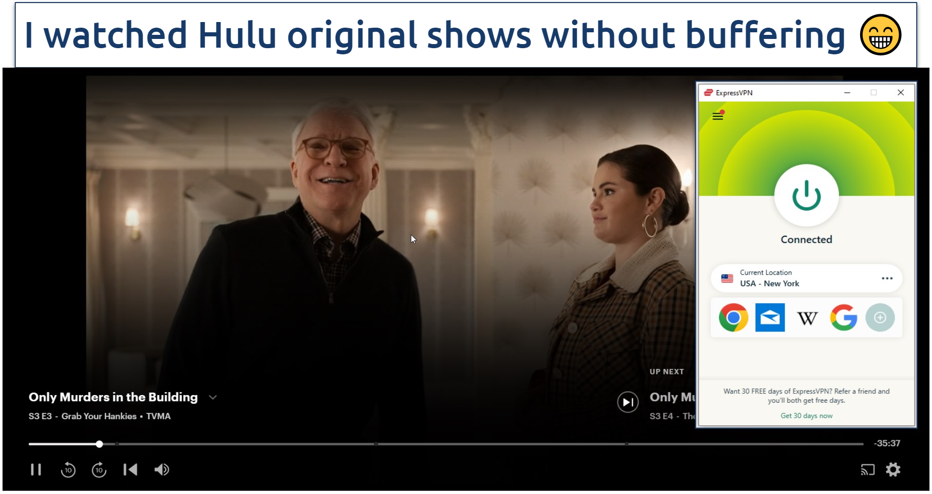 Screenshot showing ExpressVPN streaming Only Murders in the Building on Hulu connected to a New York server