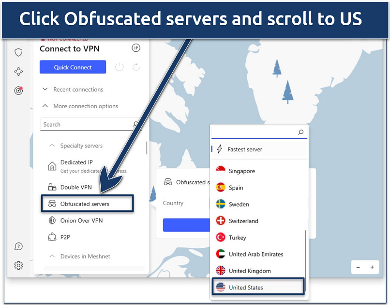 Screenshot of the NordVPN Windows app showing how to connect to obfuscated servers in the US