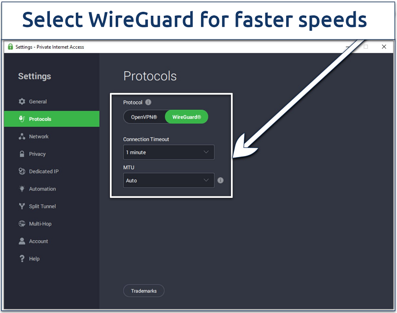 Screenshot of the PIA Windows app showing the protocol selection option